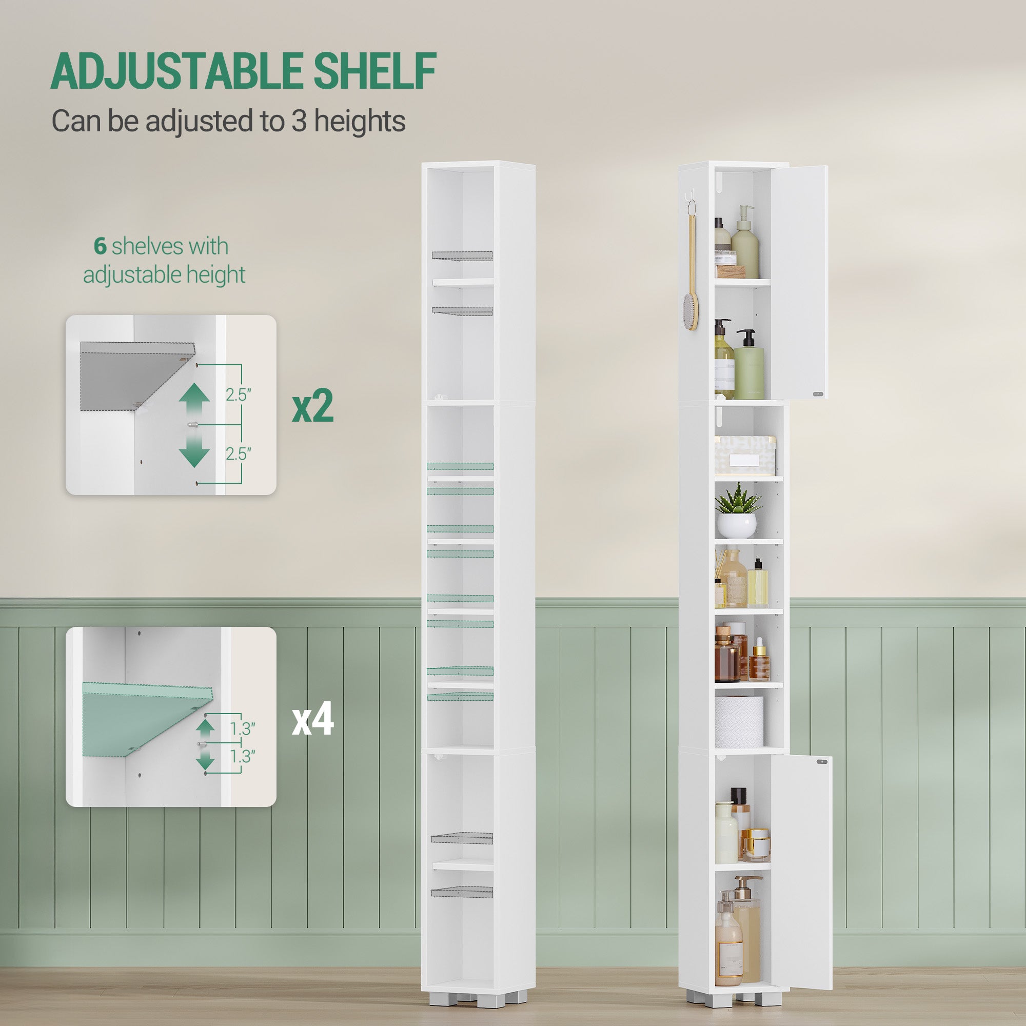 Hzuaneri  Bathroom Cabinet, Narrow Tall Bathroom Cabinet with 2 Storage Baskets, Adjustable Shelves, Open Compartment and Door, 20 × 20 × 200 cm, White BC28503X