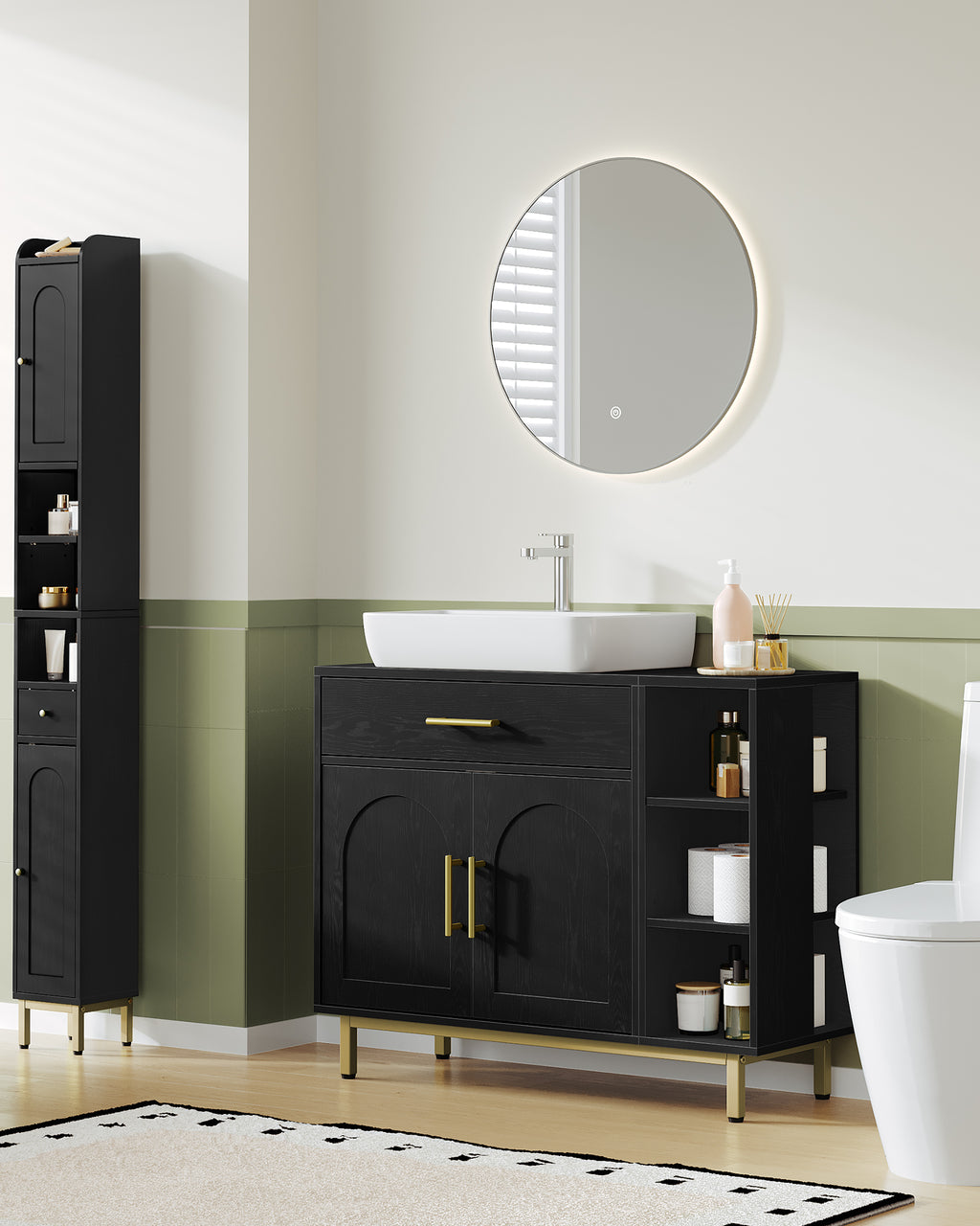 Hzuaneri washbasin cabinet, bathroom cabinet, 1 drawer, 2 cabinet doors, open compartment with 3 shelves, adjustable shelf, black with wood grain, 30 x 80 x 64cm BC28804G