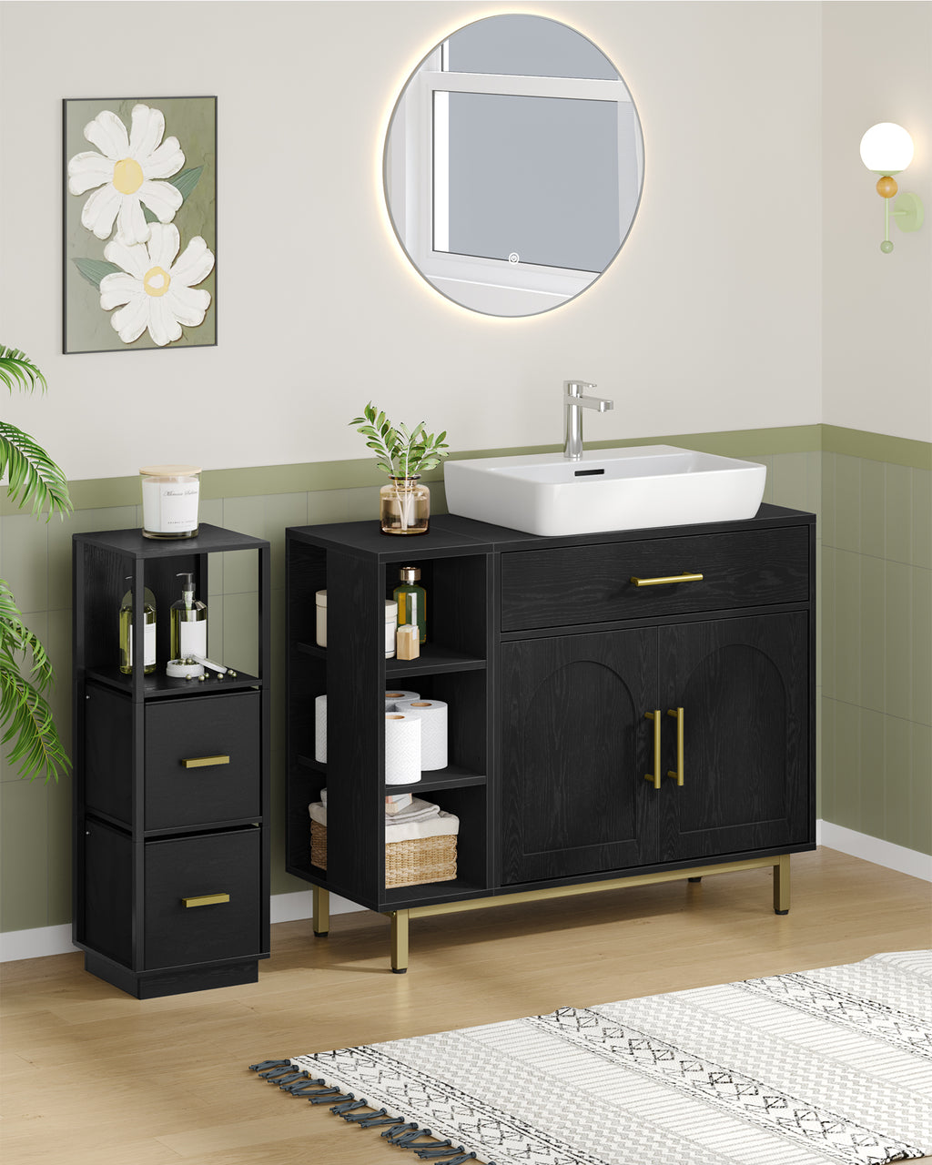 Hzuaneri washbasin cabinet, bathroom cabinet, 1 drawer, 2 cabinet doors, open compartment with 3 shelves, adjustable shelf, black with wood grain, 30 x 80 x 64cm BC28804G