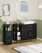 Hzuaneri washbasin cabinet, bathroom cabinet, 1 drawer, 2 cabinet doors, open compartment with 3 shelves, adjustable shelf, black with wood grain, 30 x 80 x 64cm BC28804G
