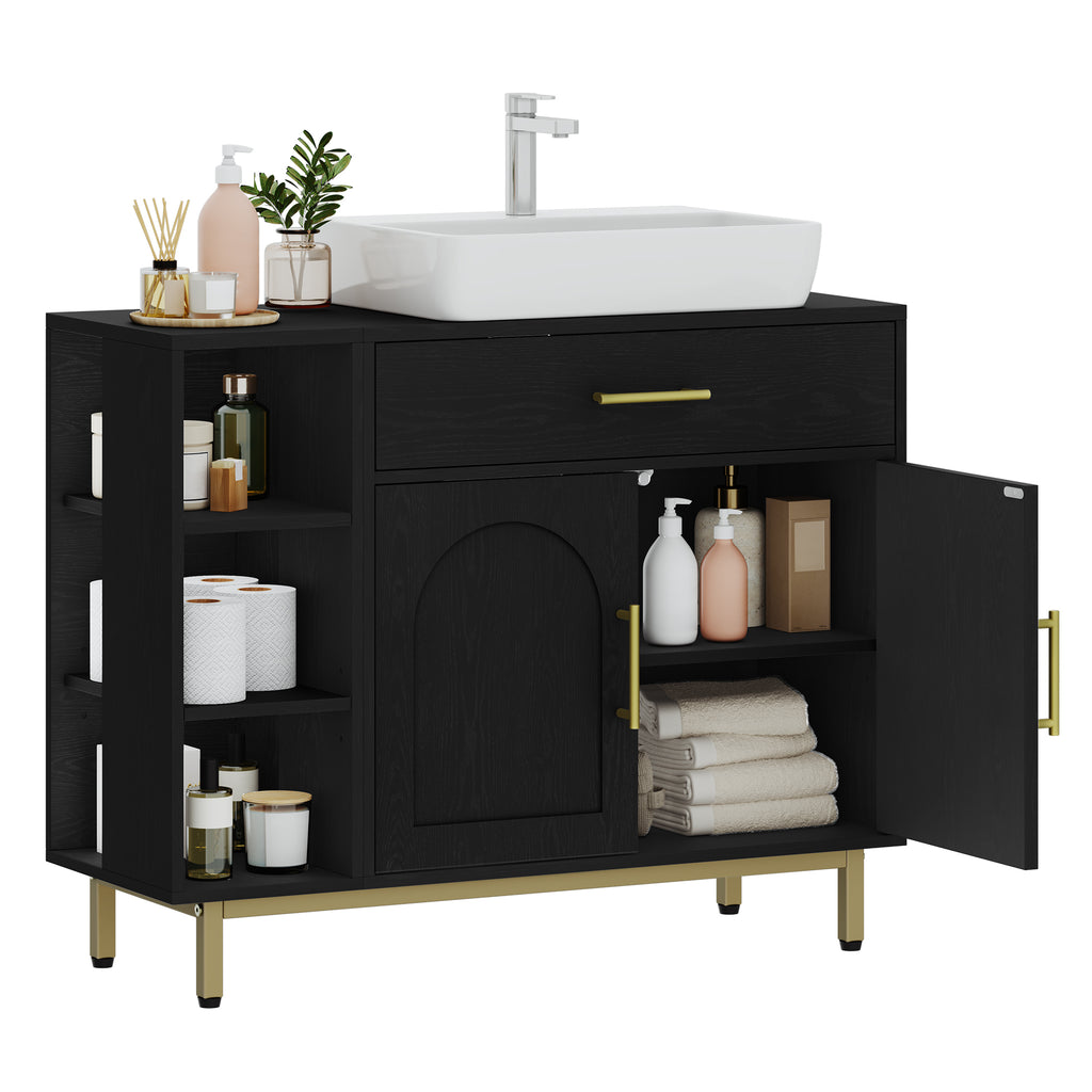Hzuaneri washbasin cabinet, bathroom cabinet, 1 drawer, 2 cabinet doors, open compartment with 3 shelves, adjustable shelf, black with wood grain, 30 x 80 x 64cm BC28804G