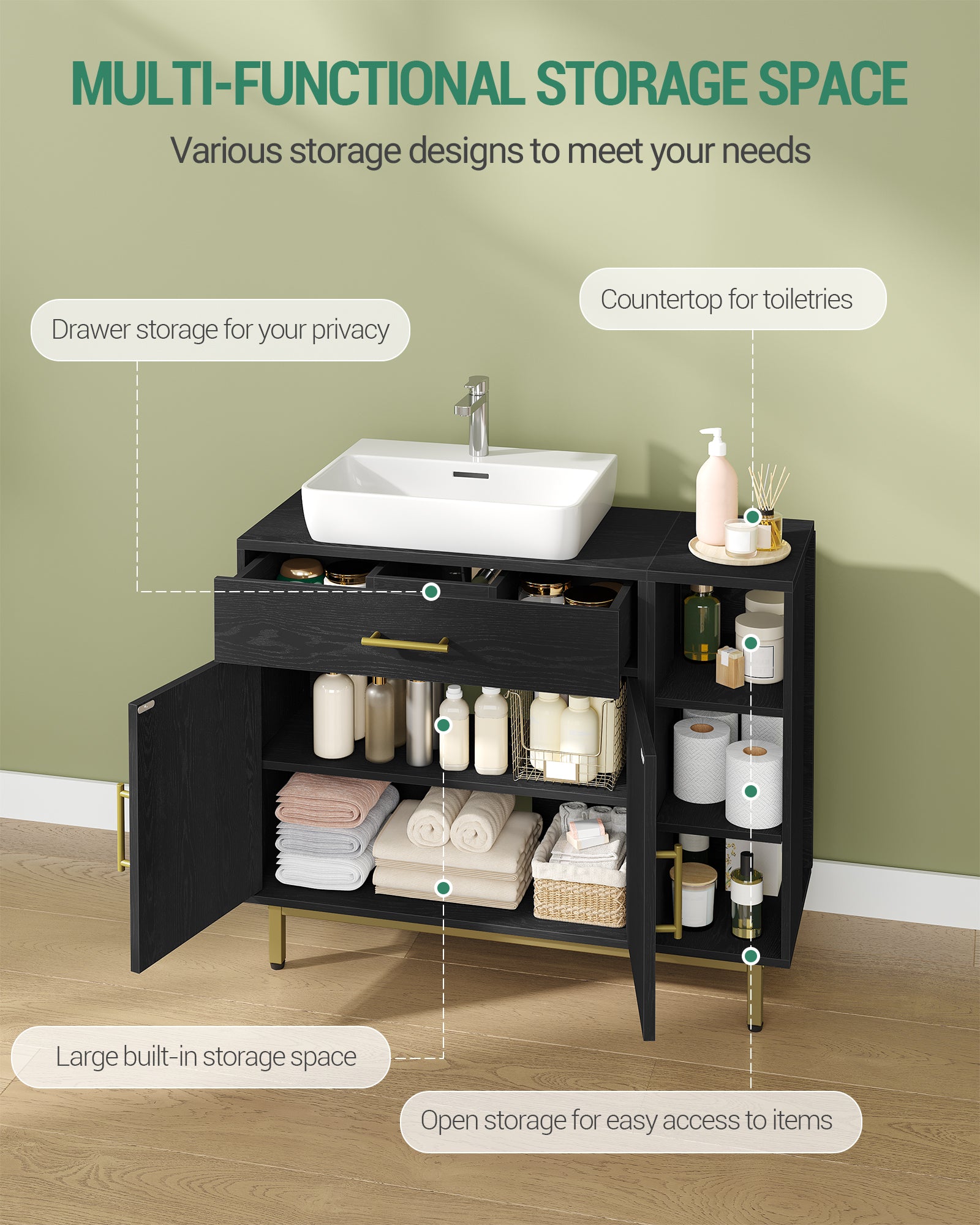 Hzuaneri washbasin cabinet, bathroom cabinet, 1 drawer, 2 cabinet doors, open compartment with 3 shelves, adjustable shelf, black with wood grain, 30 x 80 x 64cm BC28804G