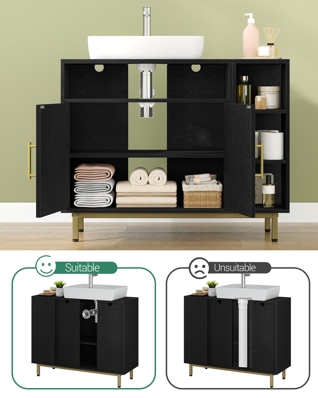 Hzuaneri washbasin cabinet, bathroom cabinet, 1 drawer, 2 cabinet doors, open compartment with 3 shelves, adjustable shelf, black with wood grain, 30 x 80 x 64cm BC28804G