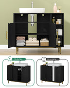 Hzuaneri washbasin cabinet, bathroom cabinet, 1 drawer, 2 cabinet doors, open compartment with 3 shelves, adjustable shelf, black with wood grain, 30 x 80 x 64cm BC28804G
