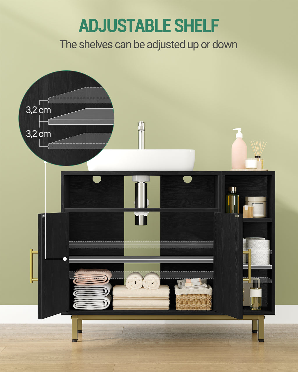 Hzuaneri washbasin cabinet, bathroom cabinet, 1 drawer, 2 cabinet doors, open compartment with 3 shelves, adjustable shelf, black with wood grain, 30 x 80 x 64cm BC28804G