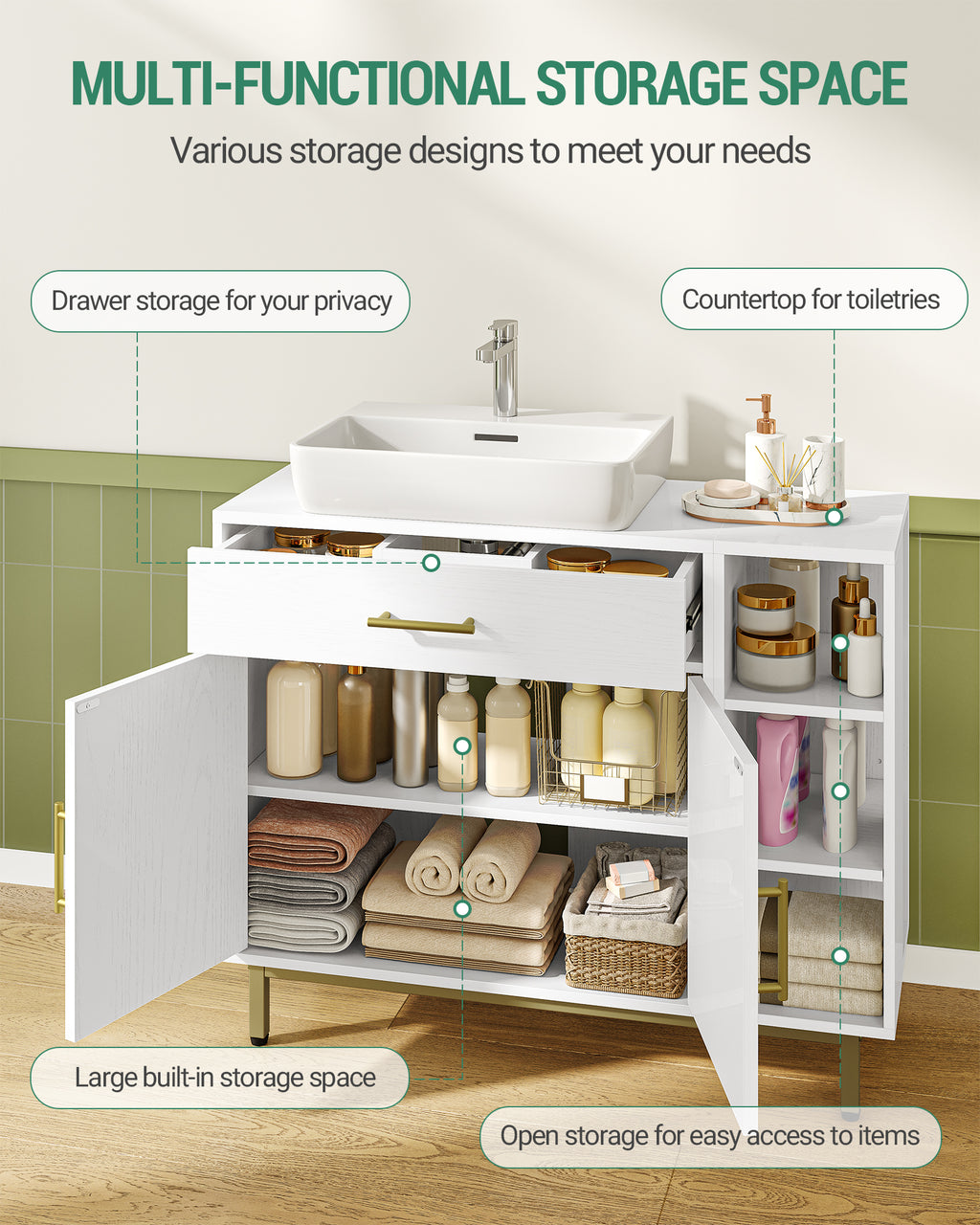 Hzuaneri Washbasin Cabinet, Bathroom Cabinet, 1 Drawer, 2 Cabinet Doors, White BC28813G