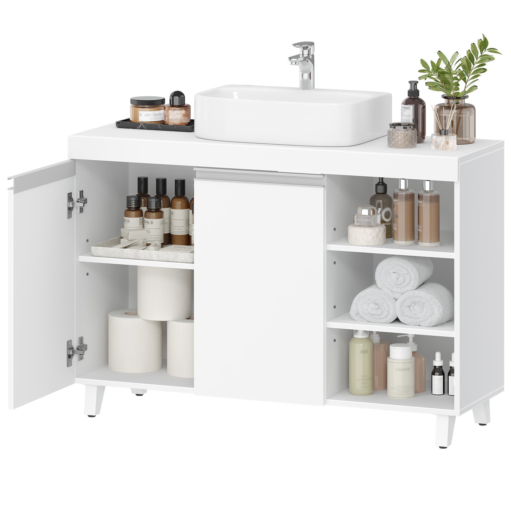 Hzuaneri vanity unit, 30 x 90 x 64 cm, bathroom cabinet with 2 doors and 3 open compartments, base cabinet with adjustable shelves, freestanding vanity unit, white BC28903X