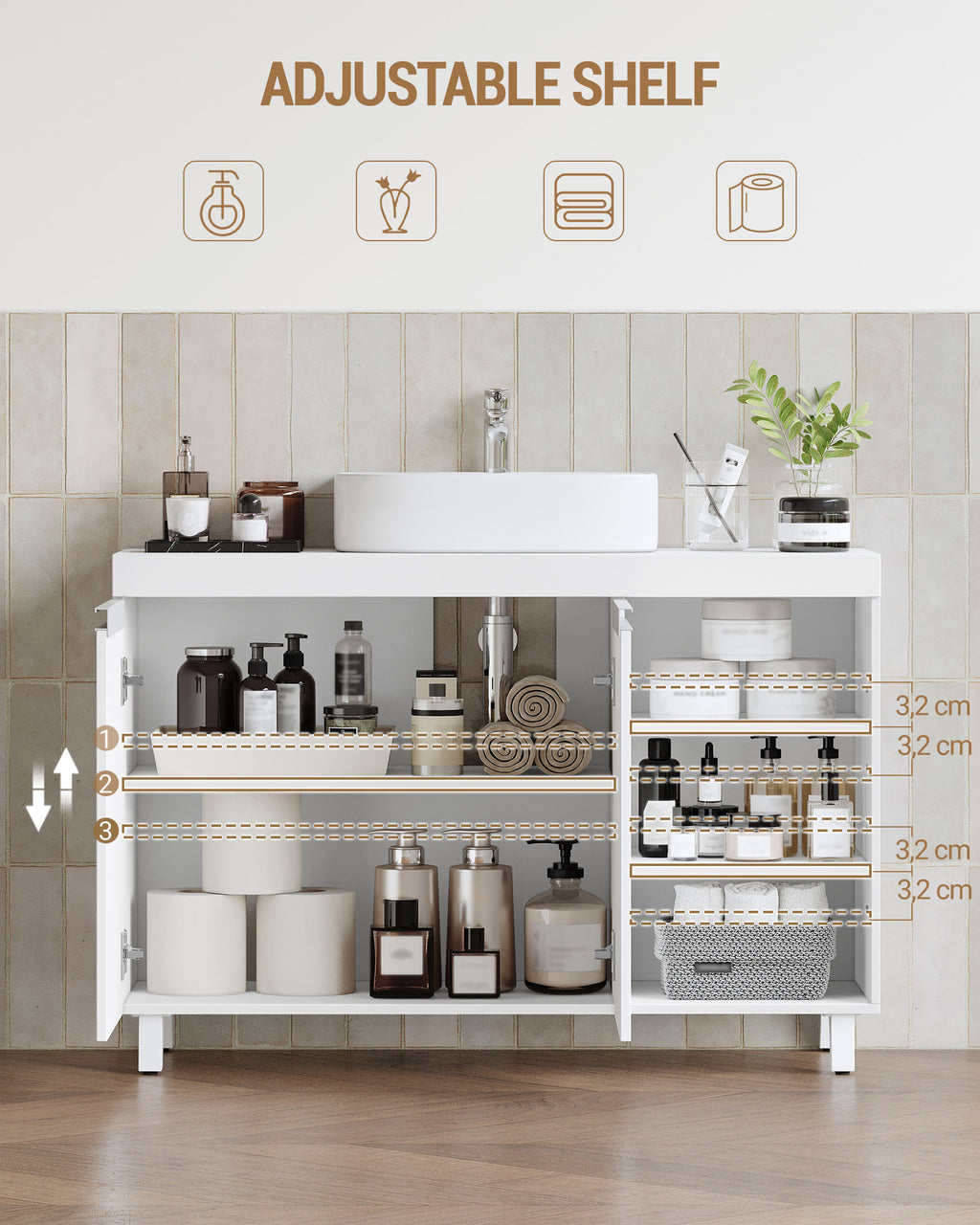 Hzuaneri vanity unit, 30 x 90 x 64 cm, bathroom cabinet with 2 doors and 3 open compartments, base cabinet with adjustable shelves, freestanding vanity unit, white BC28903X