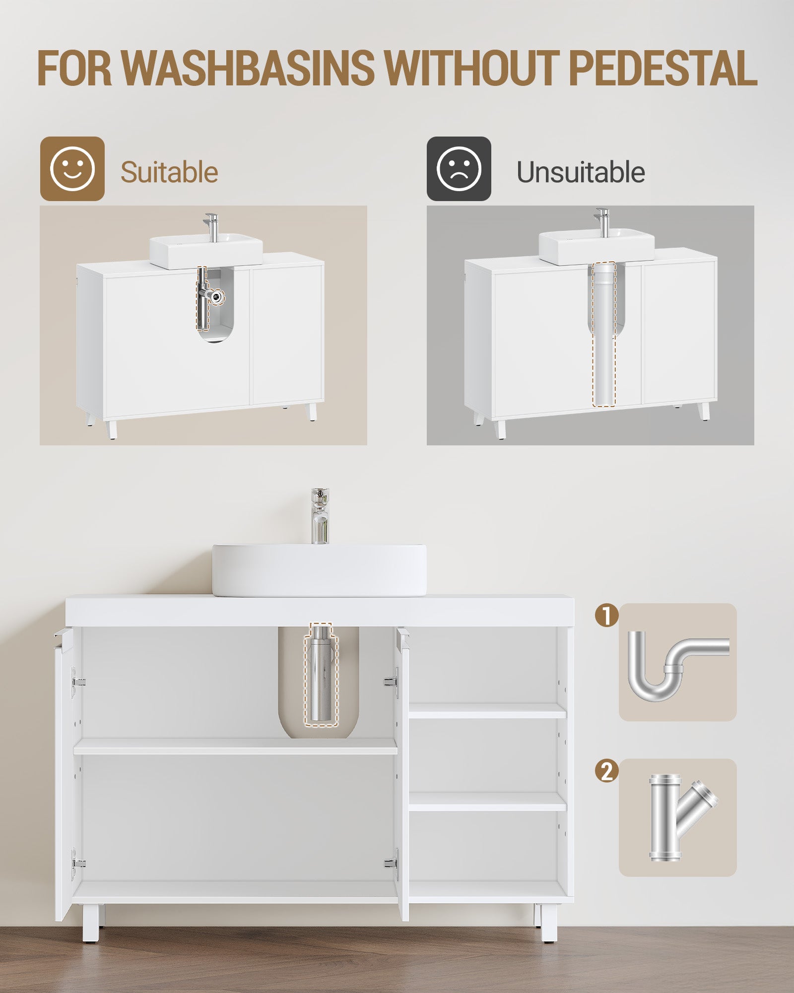 Hzuaneri vanity unit, 30 x 90 x 64 cm, bathroom cabinet with 2 doors and 3 open compartments, base cabinet with adjustable shelves, freestanding vanity unit, white BC28903X
