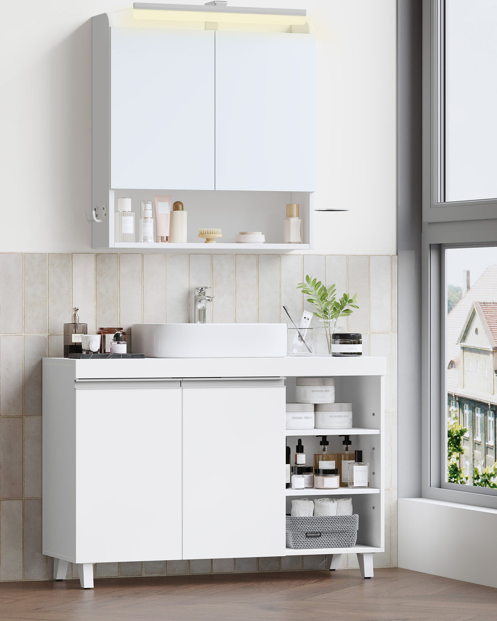Hzuaneri vanity unit, 30 x 90 x 64 cm, bathroom cabinet with 2 doors and 3 open compartments, base cabinet with adjustable shelves, freestanding vanity unit, white BC28903X