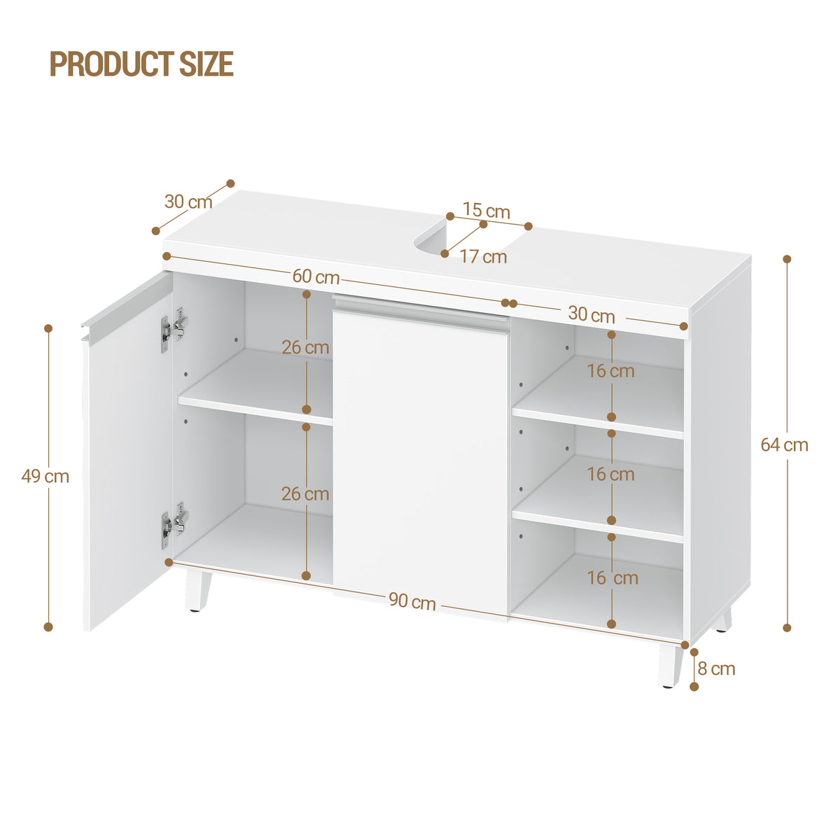 Hzuaneri vanity unit, 30 x 90 x 64 cm, bathroom cabinet with 2 doors and 3 open compartments, base cabinet with adjustable shelves, freestanding vanity unit, white BC28903X
