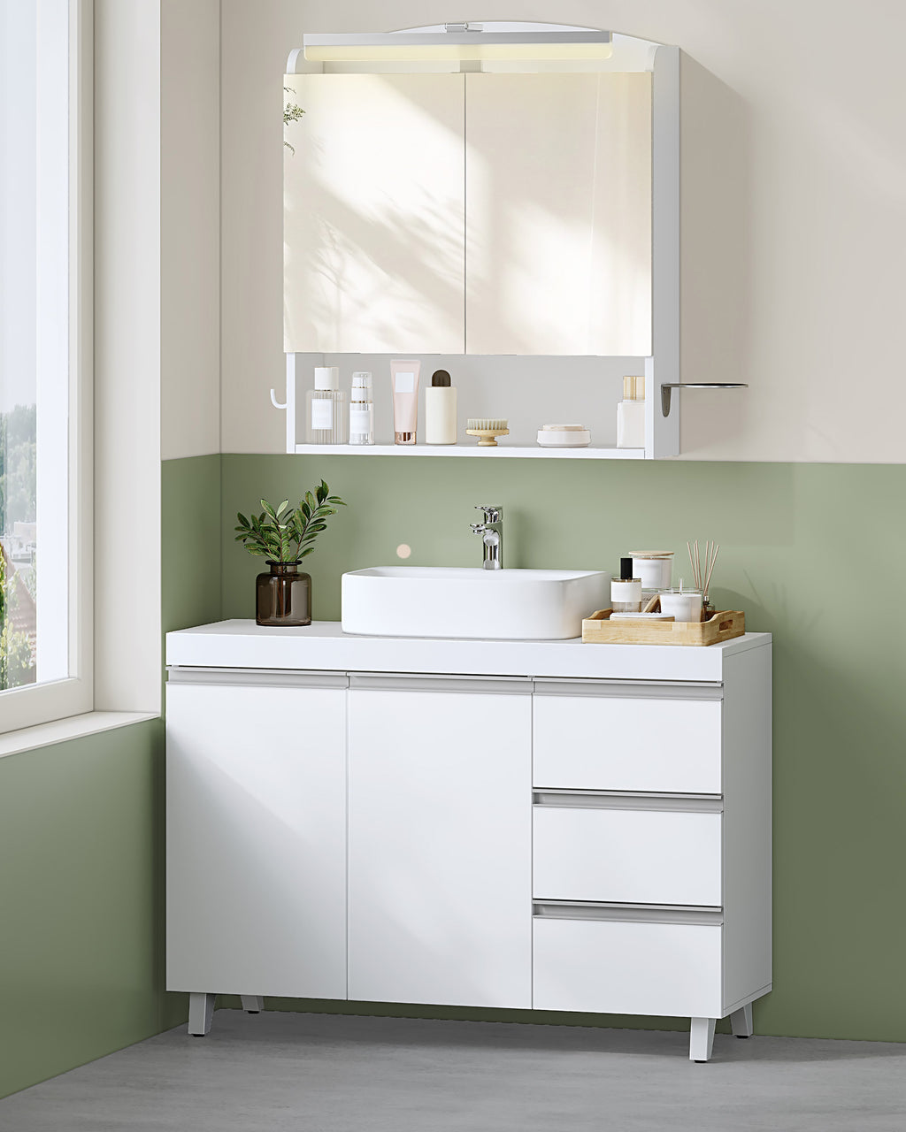 Hzuaneri vanity unit, bathroom cabinet with 3 drawers, bathroom base cabinet, 2 doors, 2 compartments behind door, freestanding vanity unit, 30 x 90 x 64 cm, white BC29903X