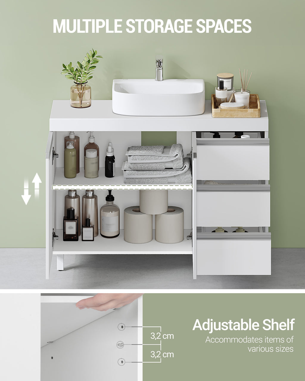 Hzuaneri vanity unit, bathroom cabinet with 3 drawers, bathroom base cabinet, 2 doors, 2 compartments behind door, freestanding vanity unit, 30 x 90 x 64 cm, white BC29903X