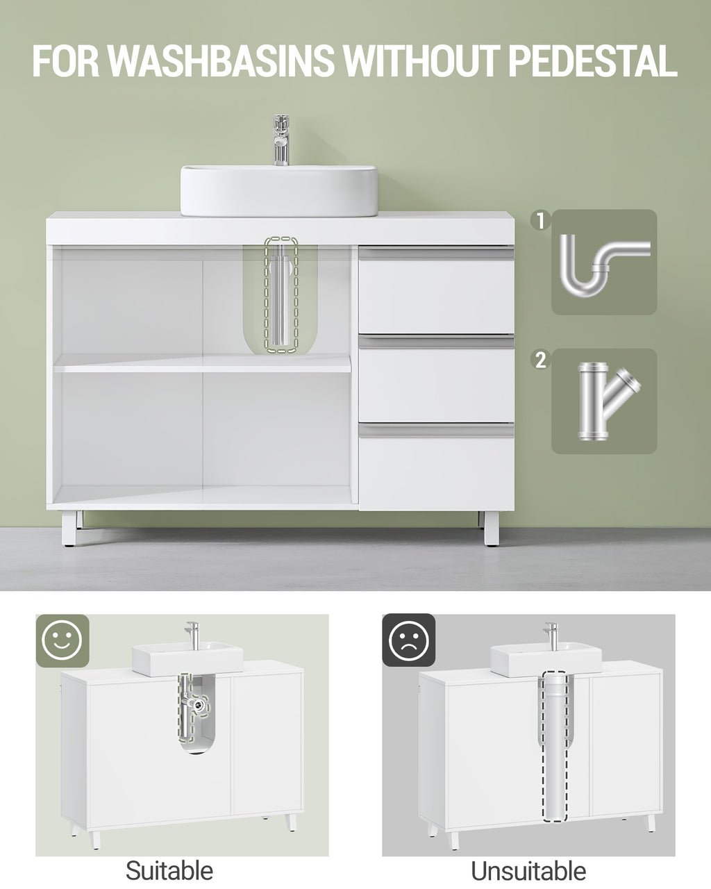 Hzuaneri vanity unit, bathroom cabinet with 3 drawers, bathroom base cabinet, 2 doors, 2 compartments behind door, freestanding vanity unit, 30 x 90 x 64 cm, white BC29903X
