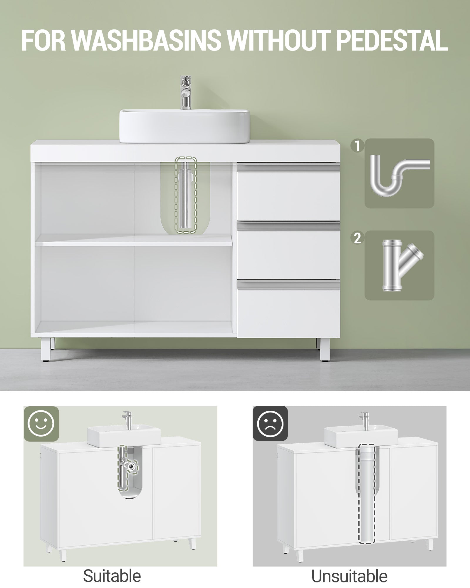 Hzuaneri vanity unit, bathroom cabinet with 3 drawers, bathroom base cabinet, 2 doors, 2 compartments behind door, freestanding vanity unit, 30 x 90 x 64 cm, white BC29903X