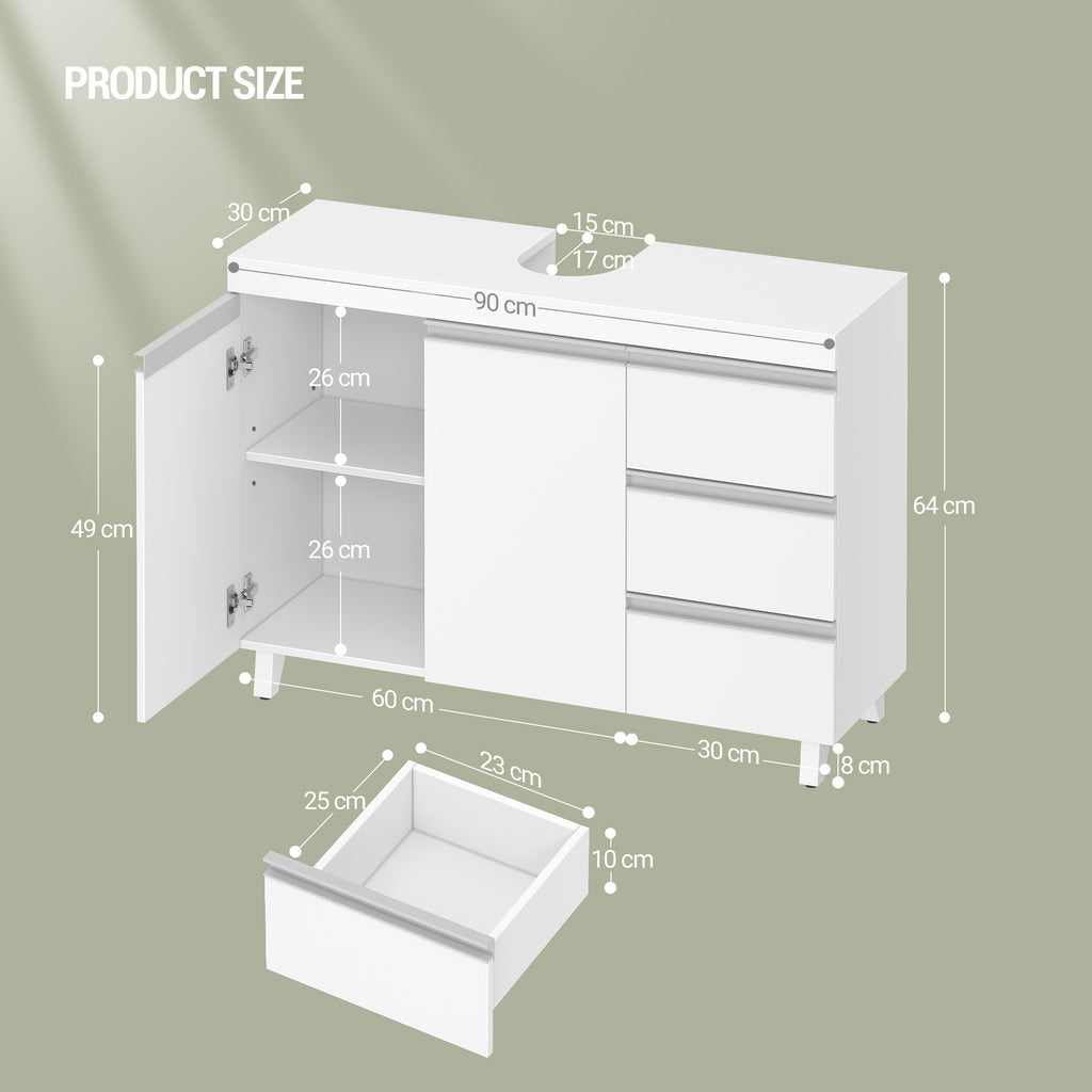 Hzuaneri vanity unit, bathroom cabinet with 3 drawers, bathroom base cabinet, 2 doors, 2 compartments behind door, freestanding vanity unit, 30 x 90 x 64 cm, white BC29903X