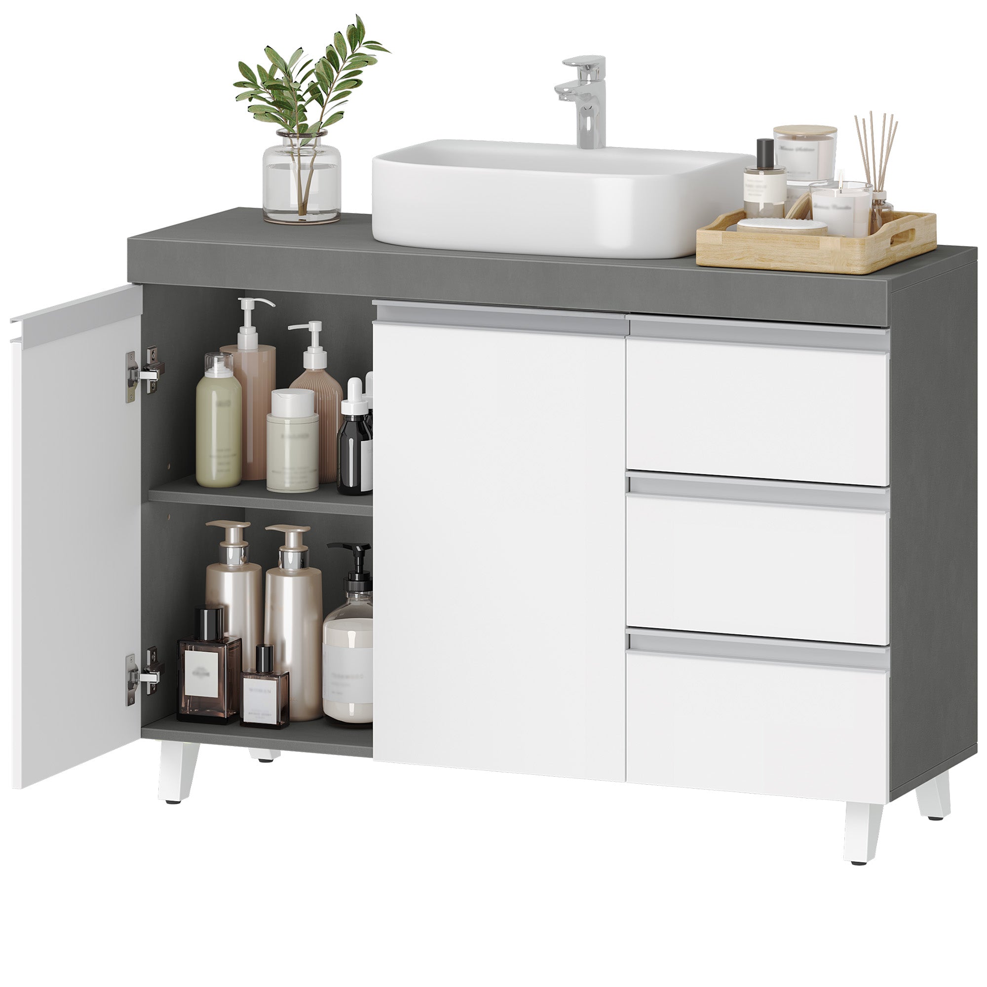 Hzuaneri vanity unit, bathroom cabinet, with 3 drawers, 2 doors, 2 compartments behind doors, freestanding vanity unit, 30 x 90 x 64 cm, cloud white-cement grey, BC29929X