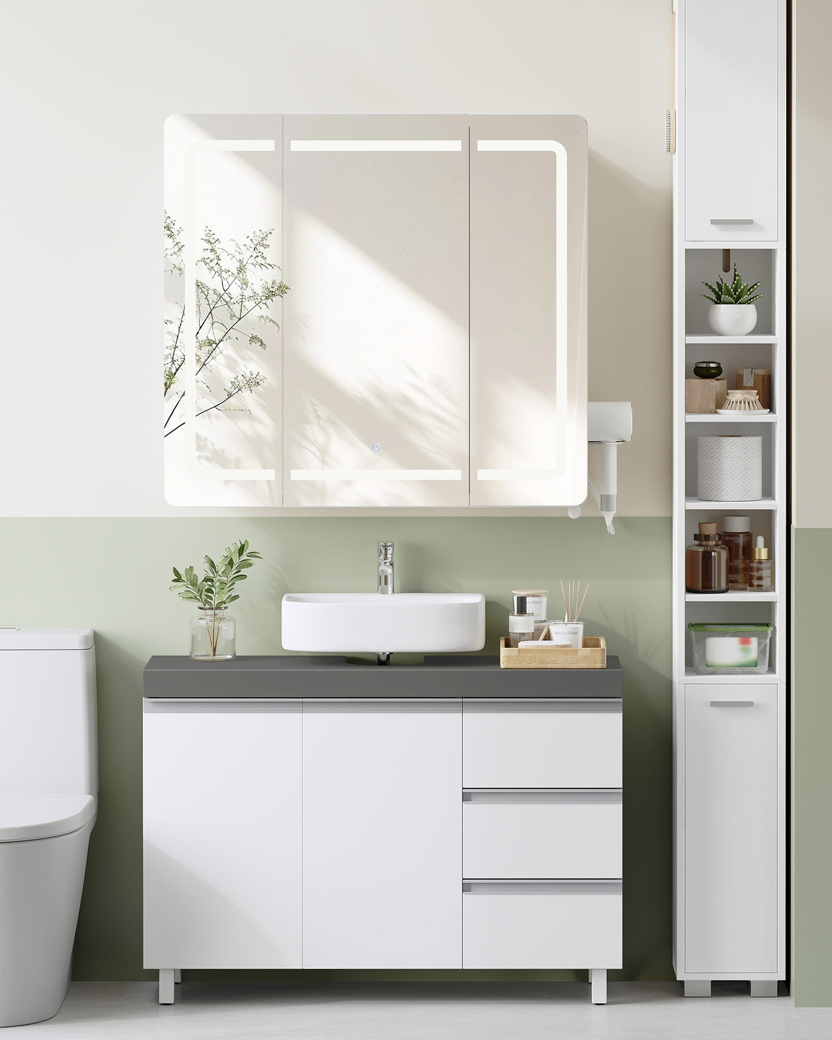 Hzuaneri vanity unit, bathroom cabinet, with 3 drawers, 2 doors, 2 compartments behind doors, freestanding vanity unit, 30 x 90 x 64 cm, cloud white-cement grey, BC29929X
