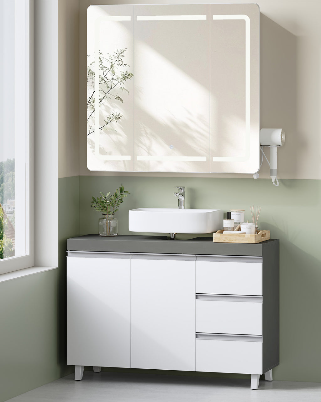 Hzuaneri vanity unit, bathroom cabinet, with 3 drawers, 2 doors, 2 compartments behind doors, freestanding vanity unit, 30 x 90 x 64 cm, cloud white-cement grey, BC29929X