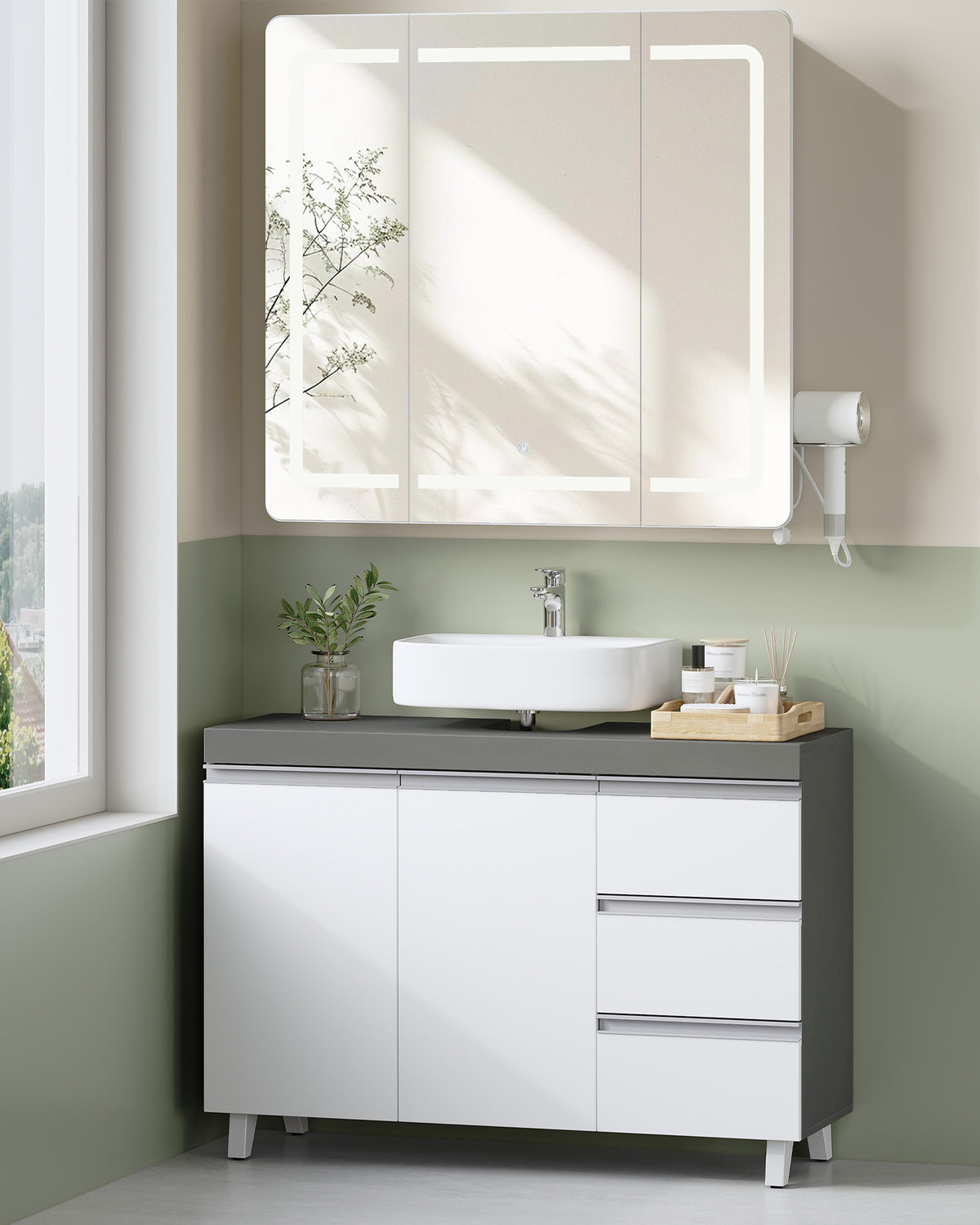 Hzuaneri vanity unit, bathroom cabinet, with 3 drawers, 2 doors, 2 compartments behind doors, freestanding vanity unit, 30 x 90 x 64 cm, cloud white-cement grey, BC29929X