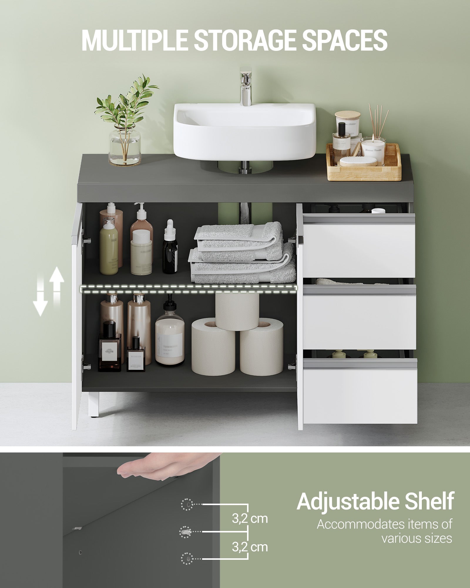 Hzuaneri vanity unit, bathroom cabinet, with 3 drawers, 2 doors, 2 compartments behind doors, freestanding vanity unit, 30 x 90 x 64 cm, cloud white-cement grey, BC29929X