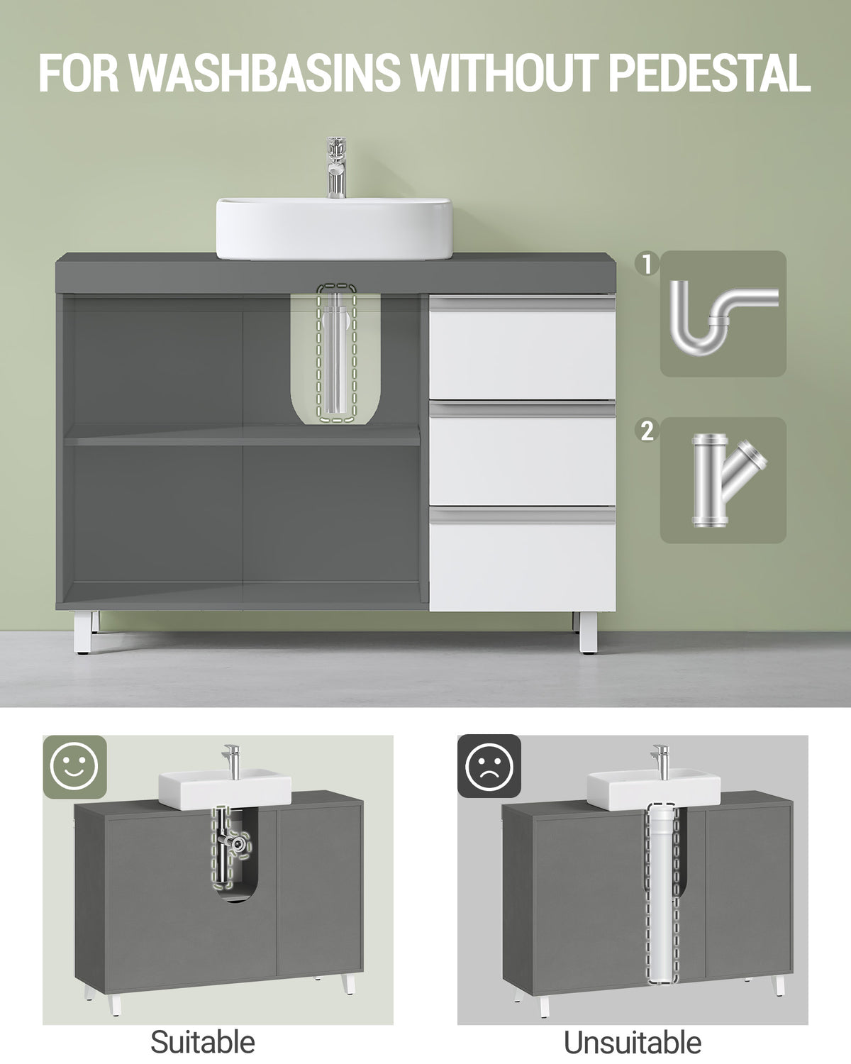 Hzuaneri vanity unit, bathroom cabinet, with 3 drawers, 2 doors, 2 compartments behind doors, freestanding vanity unit, 30 x 90 x 64 cm, cloud white-cement grey, BC29929X