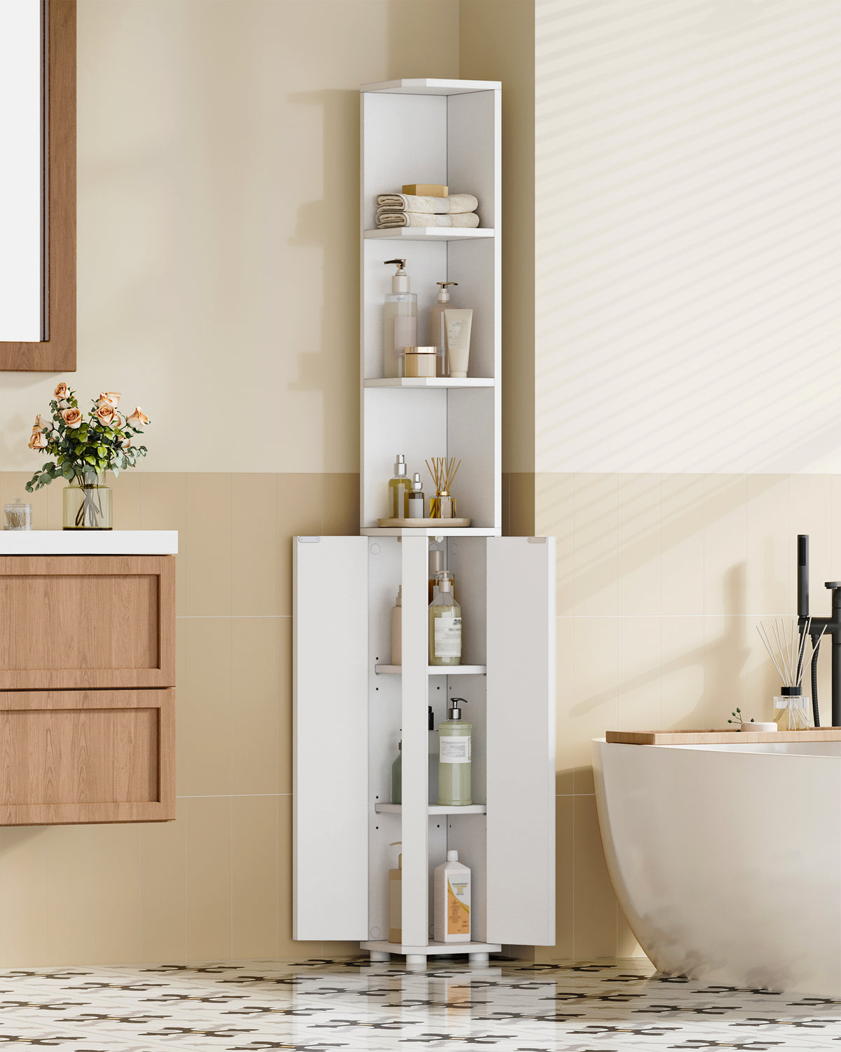 Hzuaneri Tall Bathroom Cabinet, Corner Bathroom Cupboard with 3 Open Shelves and 2 Door, Freestanding White Wooden Corner Shelf Unit for Small Spaces, 20 x 20 x 170 cm, White, BC30003X