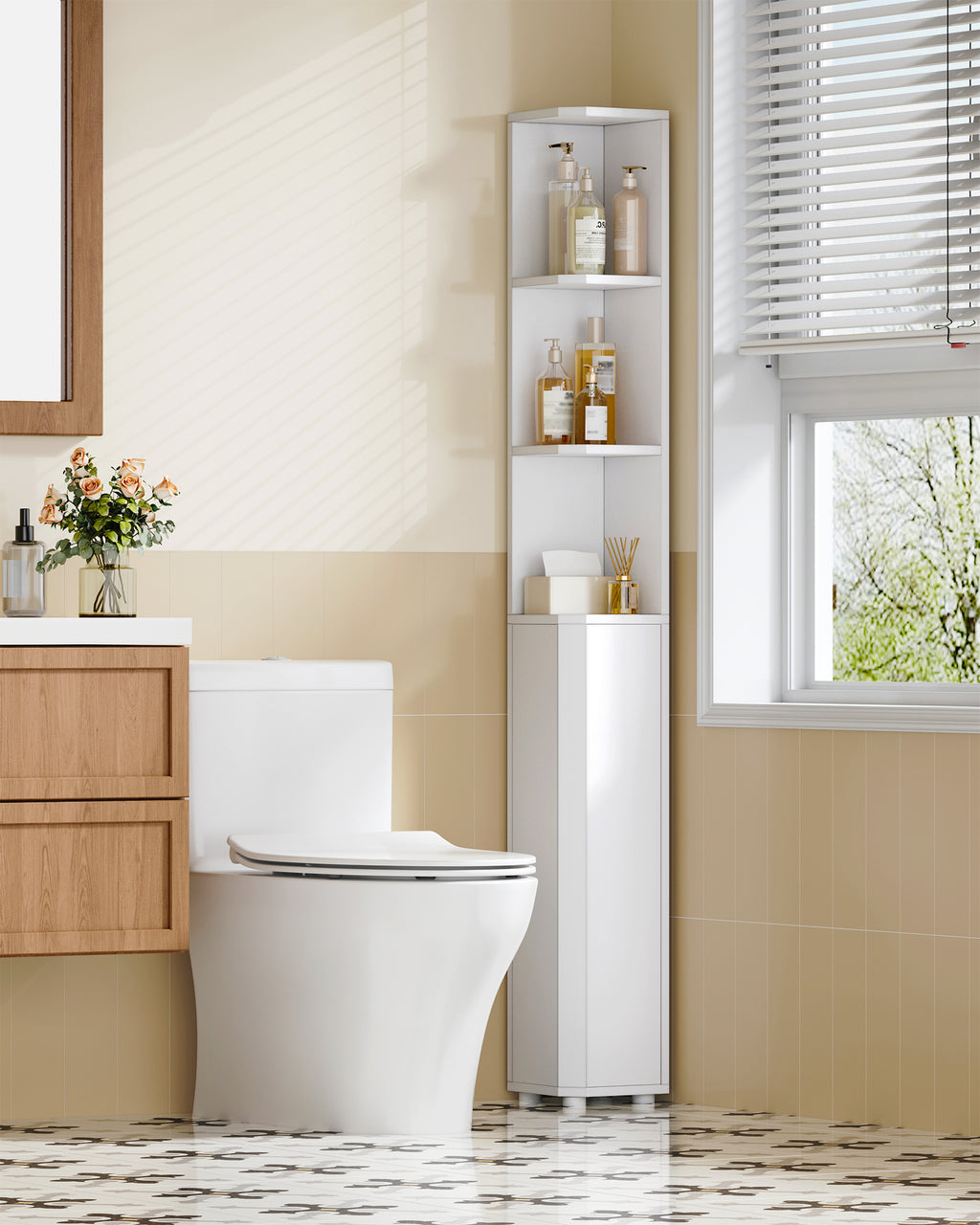 Hzuaneri Tall Bathroom Cabinet, Corner Bathroom Cupboard with 3 Open Shelves and 2 Door, Freestanding White Wooden Corner Shelf Unit for Small Spaces, 20 x 20 x 170 cm, White, BC30003X