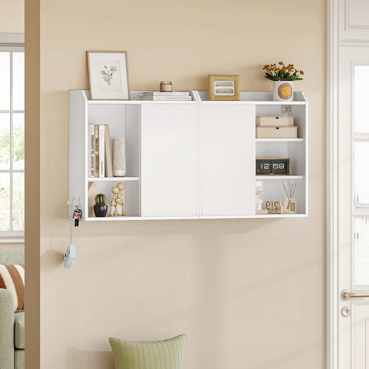 Hzuaneri Wall Cabinet with Adjustable Shelves with Sliding Doors and Open Shelves, Wall Mounted Bathroom Cabinet, 20 x 60 x 60 cm, White BC30203X