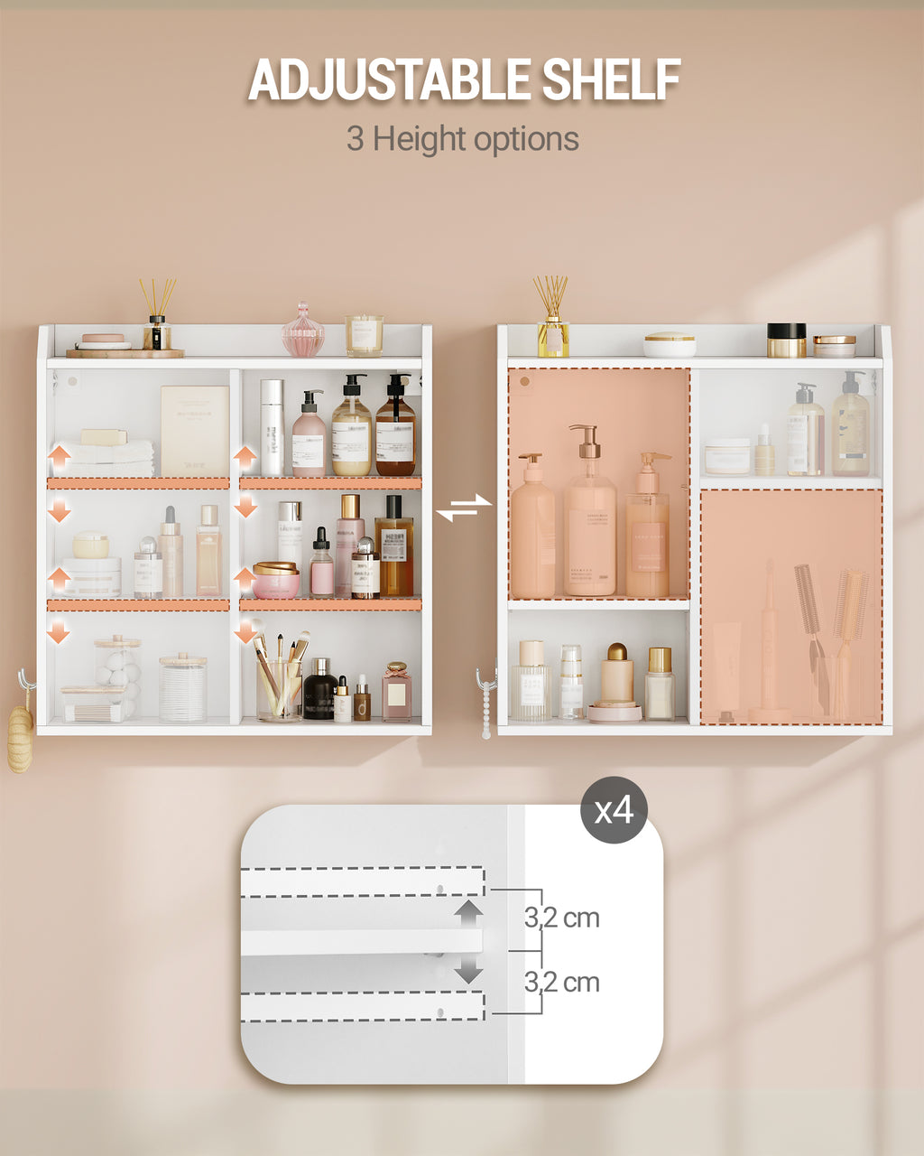 Hzuaneri  Wall Cabinet with Adjustable Shelves with Sliding Doors and Open Shelves, Wall Mounted Bathroom Cabinet, 30 x 60 x 60 cm, White BC30303X