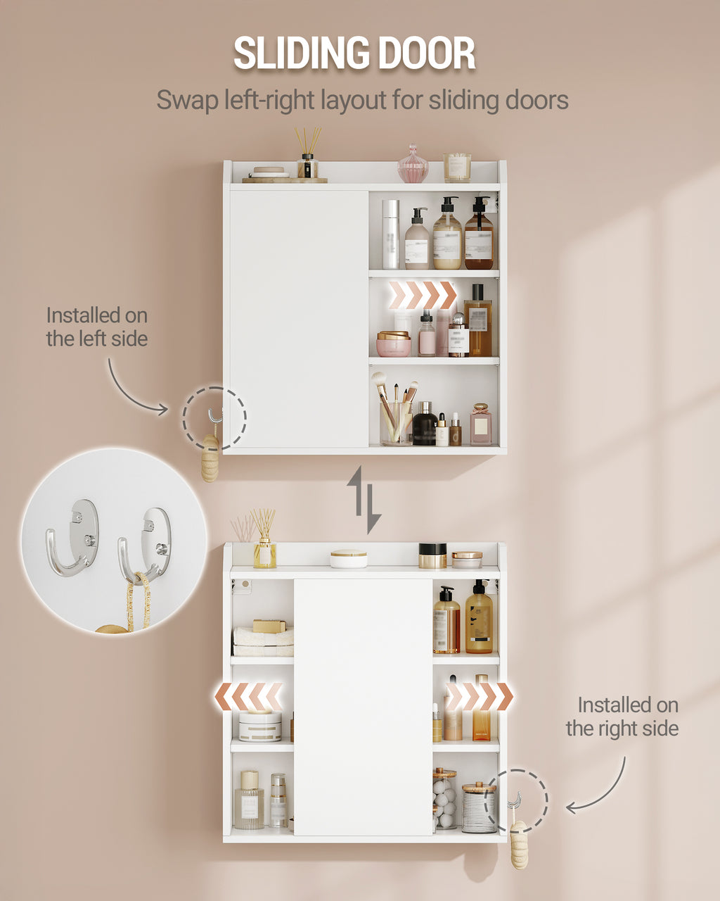 Hzuaneri  Wall Cabinet with Adjustable Shelves with Sliding Doors and Open Shelves, Wall Mounted Bathroom Cabinet, 30 x 60 x 60 cm, White BC30303X