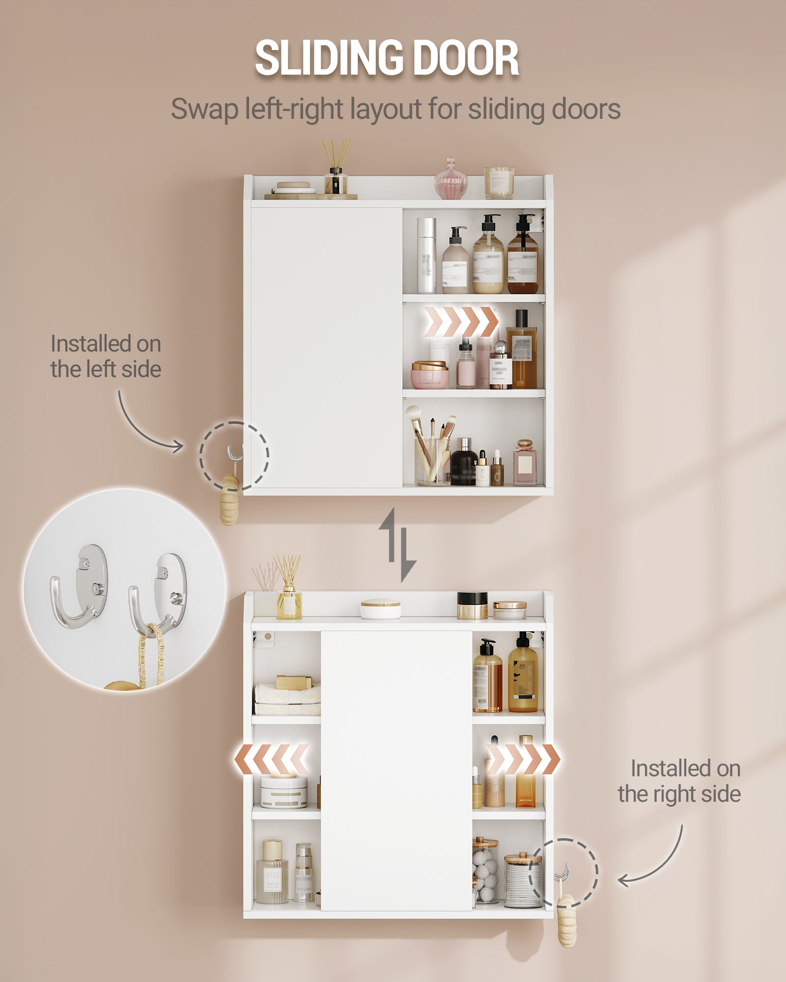 Hzuaneri  Wall Cabinet with Adjustable Shelves with Sliding Doors and Open Shelves, Wall Mounted Bathroom Cabinet, 30 x 60 x 60 cm, White BC30303X