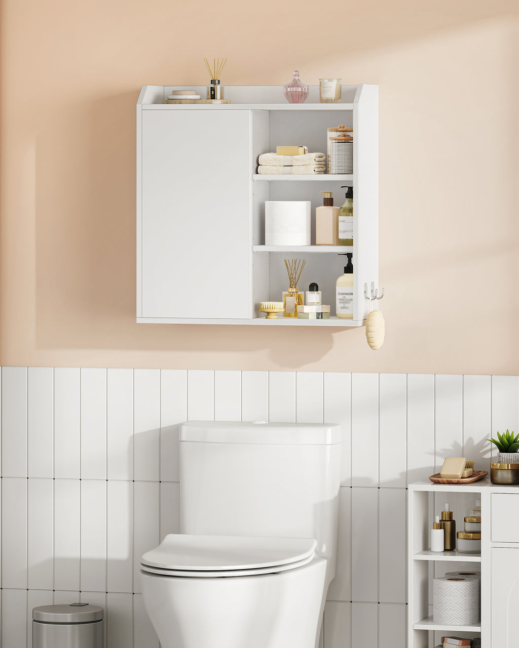 Hzuaneri  Wall Cabinet with Adjustable Shelves with Sliding Doors and Open Shelves, Wall Mounted Bathroom Cabinet, 30 x 60 x 60 cm, White BC30303X