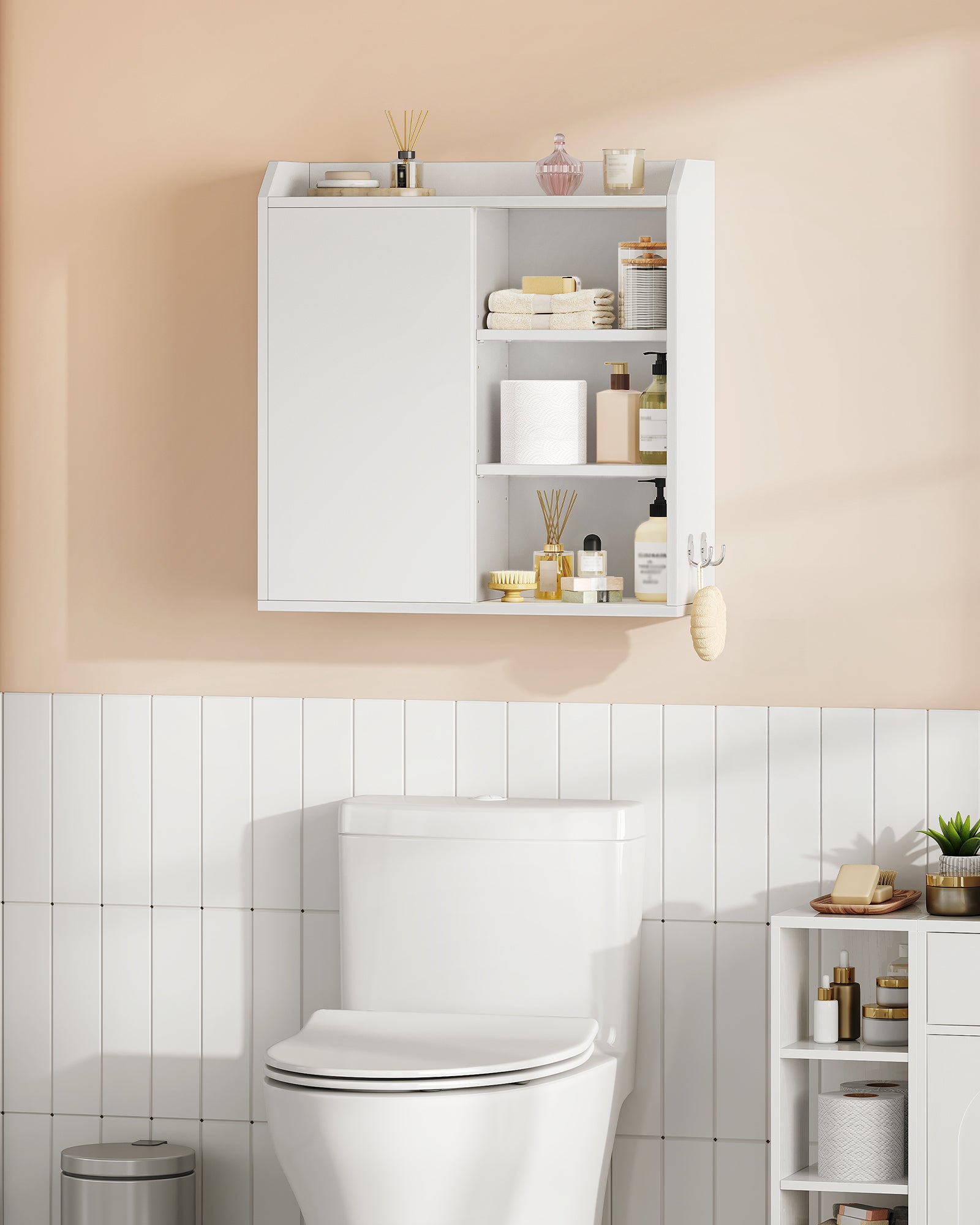 Hzuaneri  Wall Cabinet with Adjustable Shelves with Sliding Doors and Open Shelves, Wall Mounted Bathroom Cabinet, 30 x 60 x 60 cm, White BC30303X