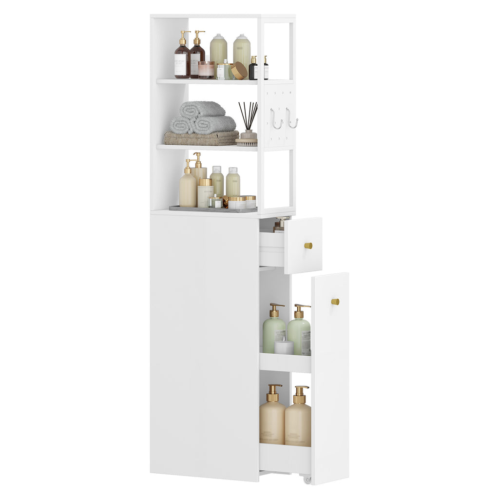 Hzuaneri tall bathroom cabinet, niche cabinet, narrow bathroom cabinet with drawer on casters, 3 open shelf levels, tall cabinet, side cabinet, 40 x 20 x 140 cm, white, BC32003W