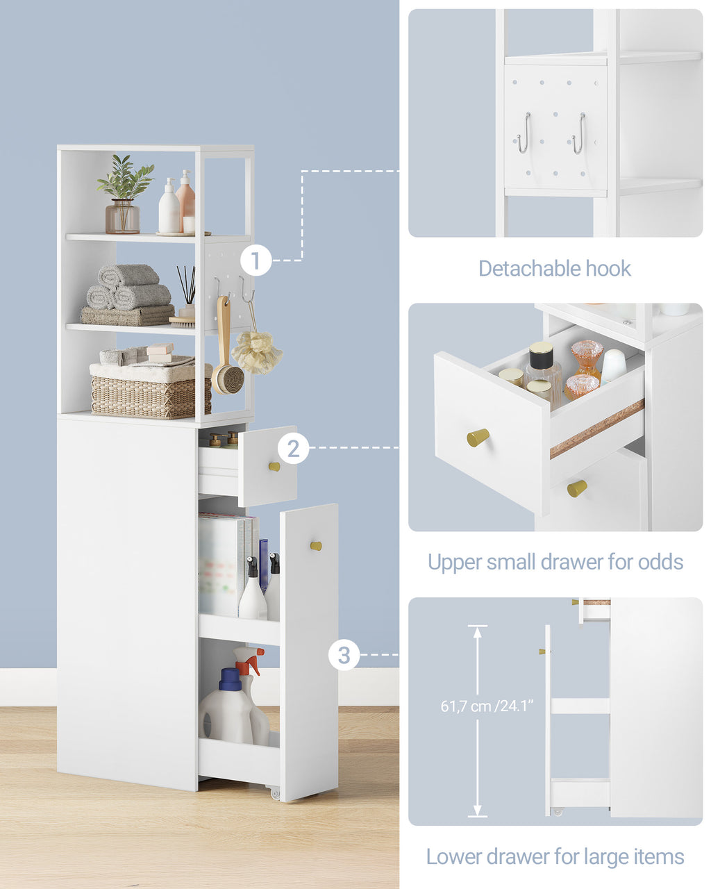 Hzuaneri tall bathroom cabinet, niche cabinet, narrow bathroom cabinet with drawer on casters, 3 open shelf levels, tall cabinet, side cabinet, 40 x 20 x 140 cm, white, BC32003W