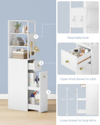 Hzuaneri tall bathroom cabinet, niche cabinet, narrow bathroom cabinet with drawer on casters, 3 open shelf levels, tall cabinet, side cabinet, 40 x 20 x 140 cm, white, BC32003W