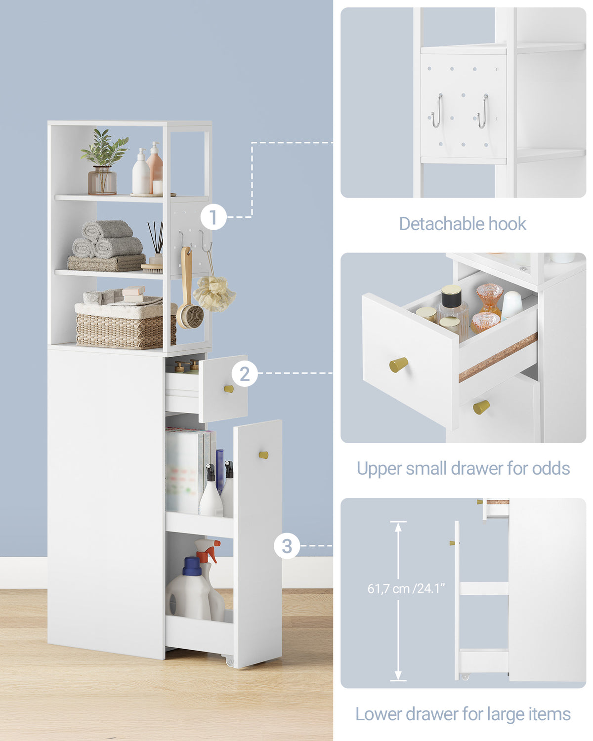 Hzuaneri tall bathroom cabinet, niche cabinet, narrow bathroom cabinet with drawer on casters, 3 open shelf levels, tall cabinet, side cabinet, 40 x 20 x 140 cm, white, BC32003W