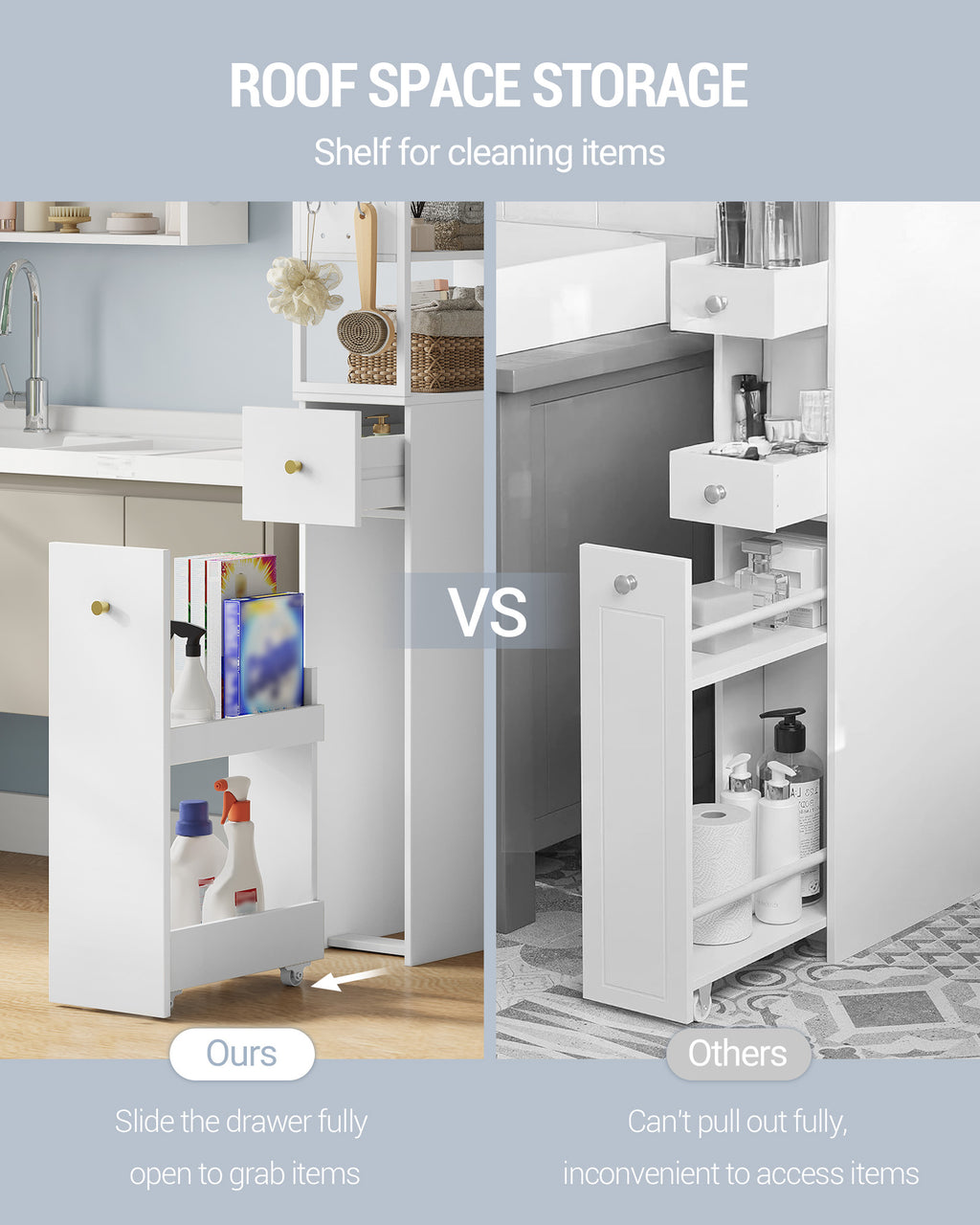 Hzuaneri tall bathroom cabinet, niche cabinet, narrow bathroom cabinet with drawer on casters, 3 open shelf levels, tall cabinet, side cabinet, 40 x 20 x 140 cm, white, BC32003W
