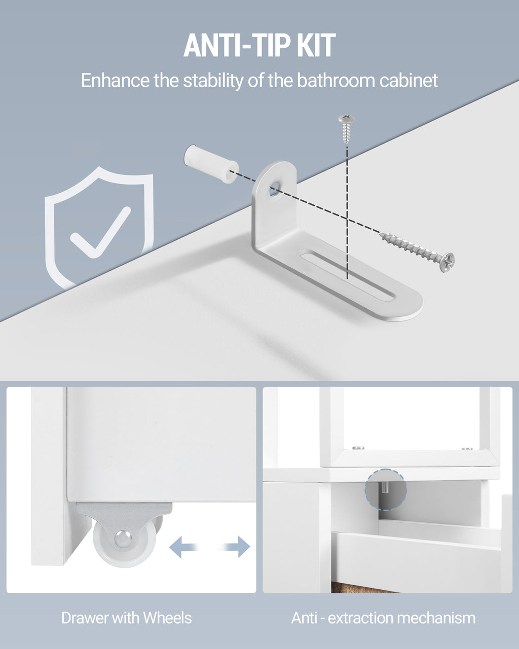 Hzuaneri tall bathroom cabinet, niche cabinet, narrow bathroom cabinet with drawer on casters, 3 open shelf levels, tall cabinet, side cabinet, 40 x 20 x 140 cm, white, BC32003W