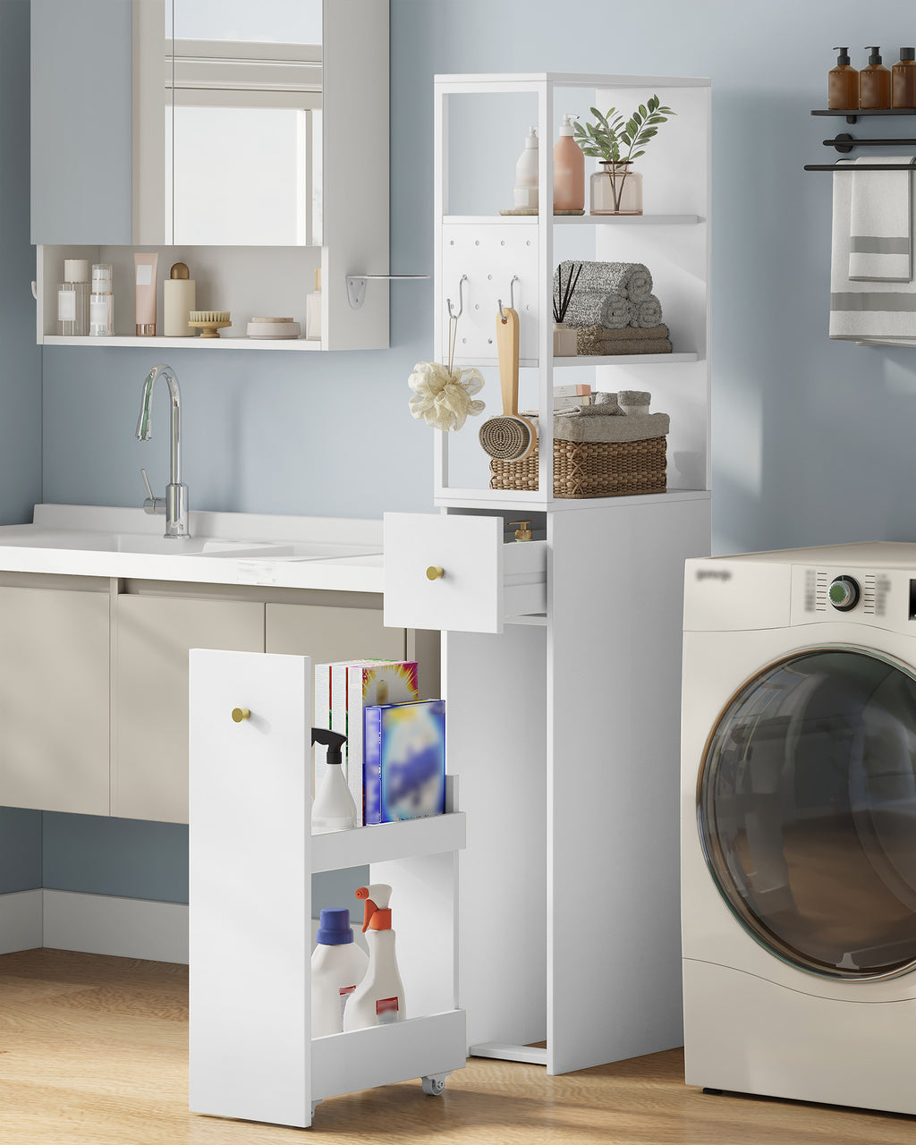 Hzuaneri tall bathroom cabinet, niche cabinet, narrow bathroom cabinet with drawer on casters, 3 open shelf levels, tall cabinet, side cabinet, 40 x 20 x 140 cm, white, BC32003W