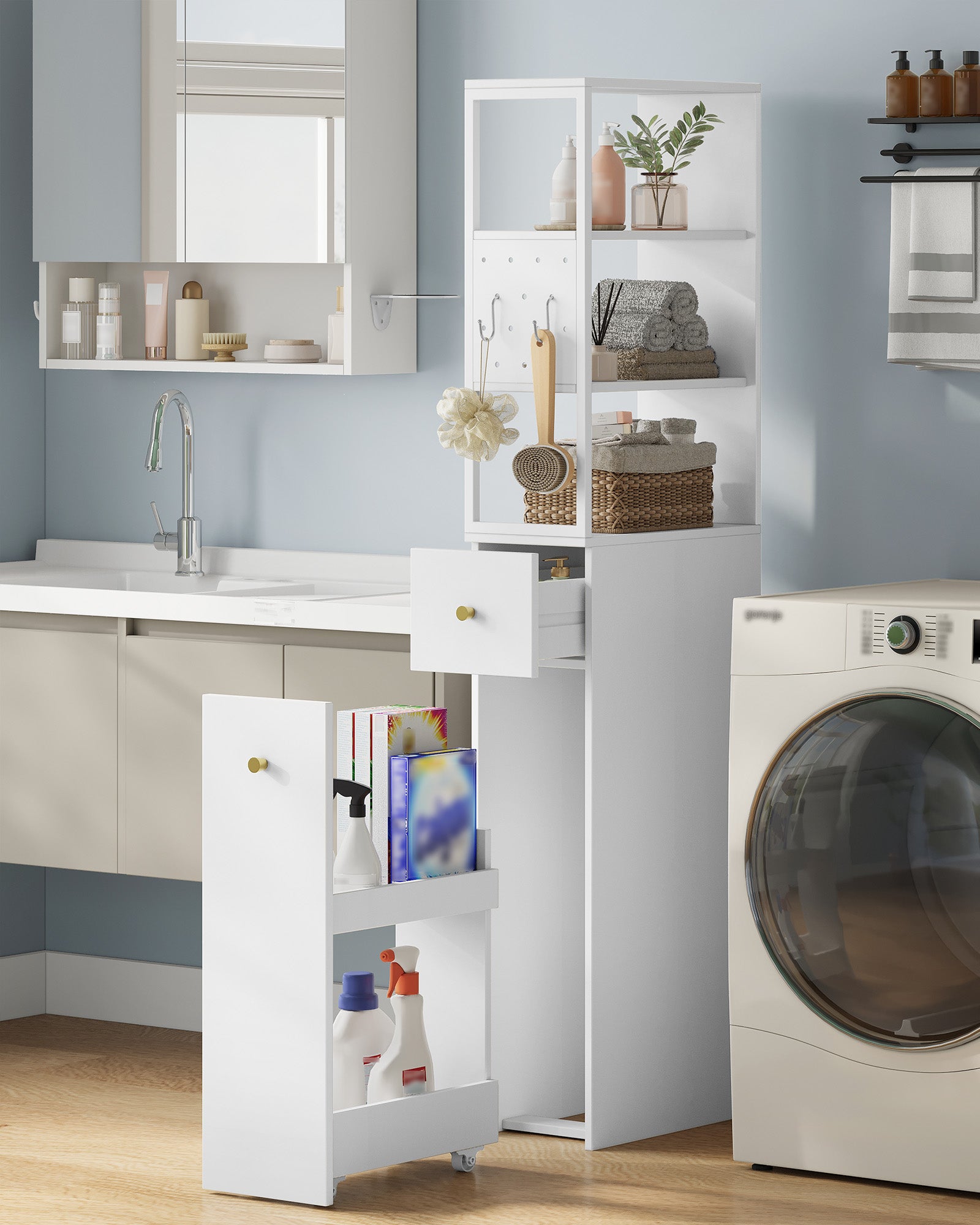 Hzuaneri tall bathroom cabinet, niche cabinet, narrow bathroom cabinet with drawer on casters, 3 open shelf levels, tall cabinet, side cabinet, 40 x 20 x 140 cm, white, BC32003W
