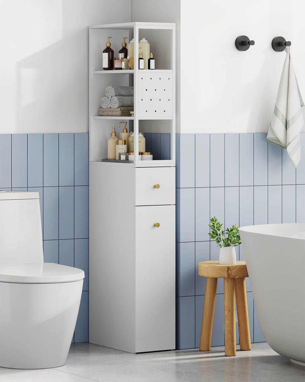 Hzuaneri tall bathroom cabinet, niche cabinet, narrow bathroom cabinet with drawer on casters, 3 open shelf levels, tall cabinet, side cabinet, 40 x 20 x 140 cm, white, BC32003W