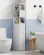 Hzuaneri tall bathroom cabinet, niche cabinet, narrow bathroom cabinet with drawer on casters, 3 open shelf levels, tall cabinet, side cabinet, 40 x 20 x 140 cm, white, BC32003W