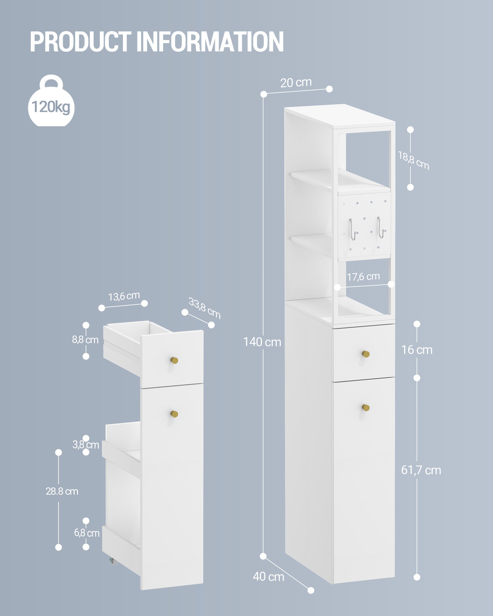 Hzuaneri tall bathroom cabinet, niche cabinet, narrow bathroom cabinet with drawer on casters, 3 open shelf levels, tall cabinet, side cabinet, 40 x 20 x 140 cm, white, BC32003W