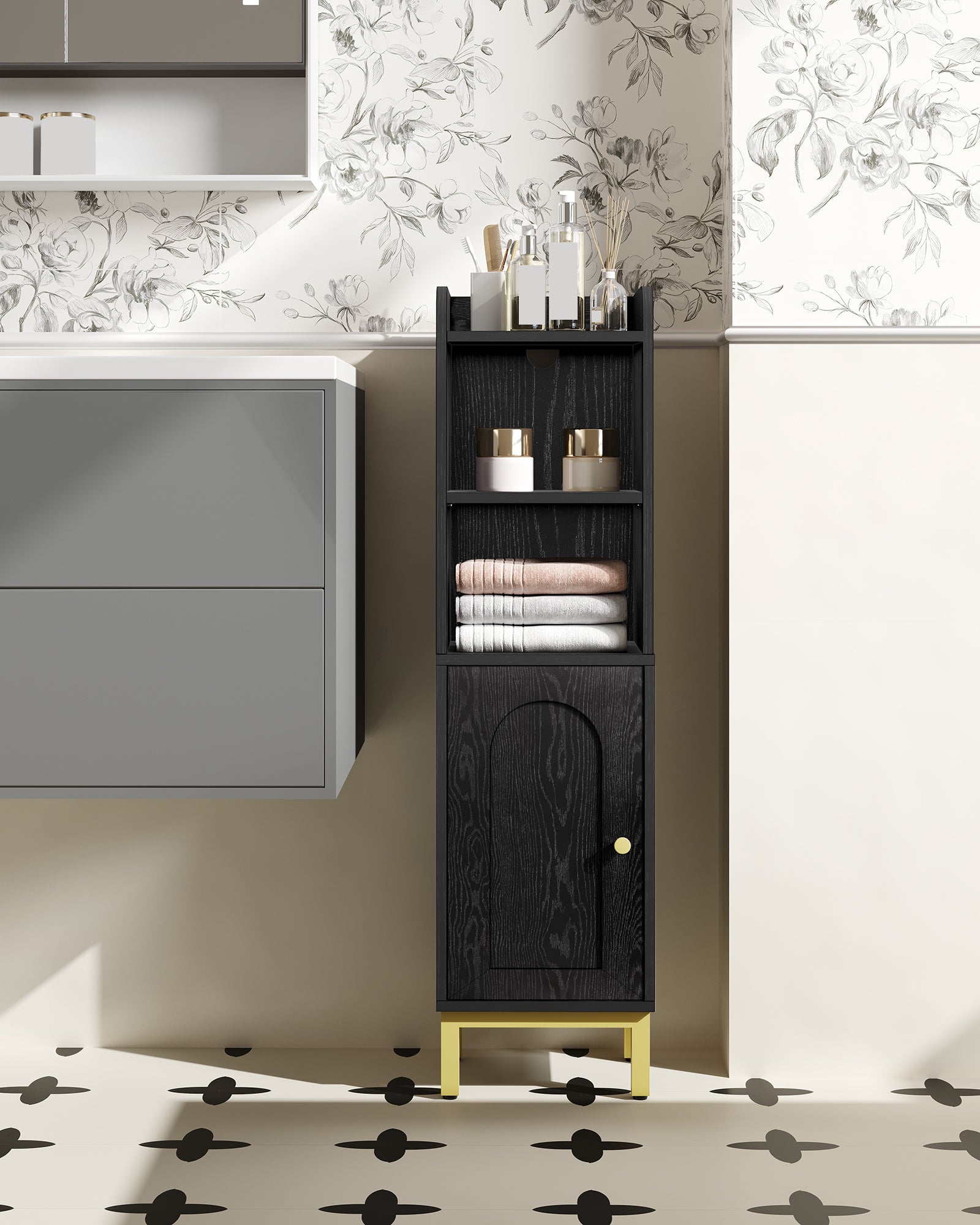 Hzuaneri Bathroom Cabinet, Small Corner Floor Cabinet with Door and Shelves, Narrow Toilet Paper Cabinets, Bathroom Organizer with Adjustable Shelf, for Small Spaces, Black, BC38204G