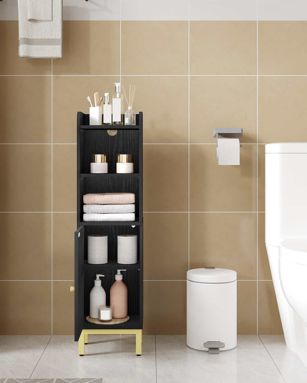 Hzuaneri Bathroom Cabinet, Small Corner Floor Cabinet with Door and Shelves, Narrow Toilet Paper Cabinets, Bathroom Organizer with Adjustable Shelf, for Small Spaces, Black, BC38204G
