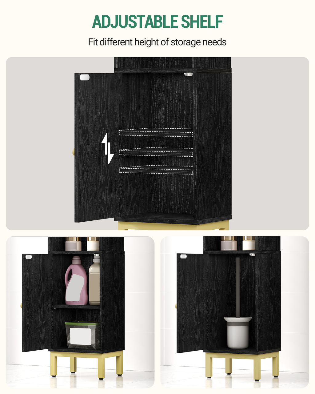 Hzuaneri Bathroom Cabinet, Small Corner Floor Cabinet with Door and Shelves, Narrow Toilet Paper Cabinets, Bathroom Organizer with Adjustable Shelf, for Small Spaces, Black, BC38204G