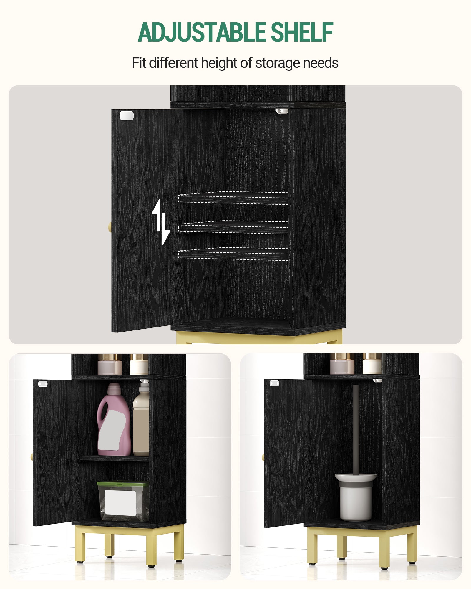 Hzuaneri Bathroom Cabinet, Small Corner Floor Cabinet with Door and Shelves, Narrow Toilet Paper Cabinets, Bathroom Organizer with Adjustable Shelf, for Small Spaces, Black, BC38204G