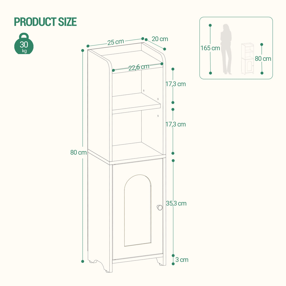 Hzuaneri Bathroom Cabinet, Bathroom Cabinet with Doors, Corner Cabinet with Adjustable Shelves, Organizer, Multipurpose Furniture, 20 x 25 x 80 cm, White BC39713X